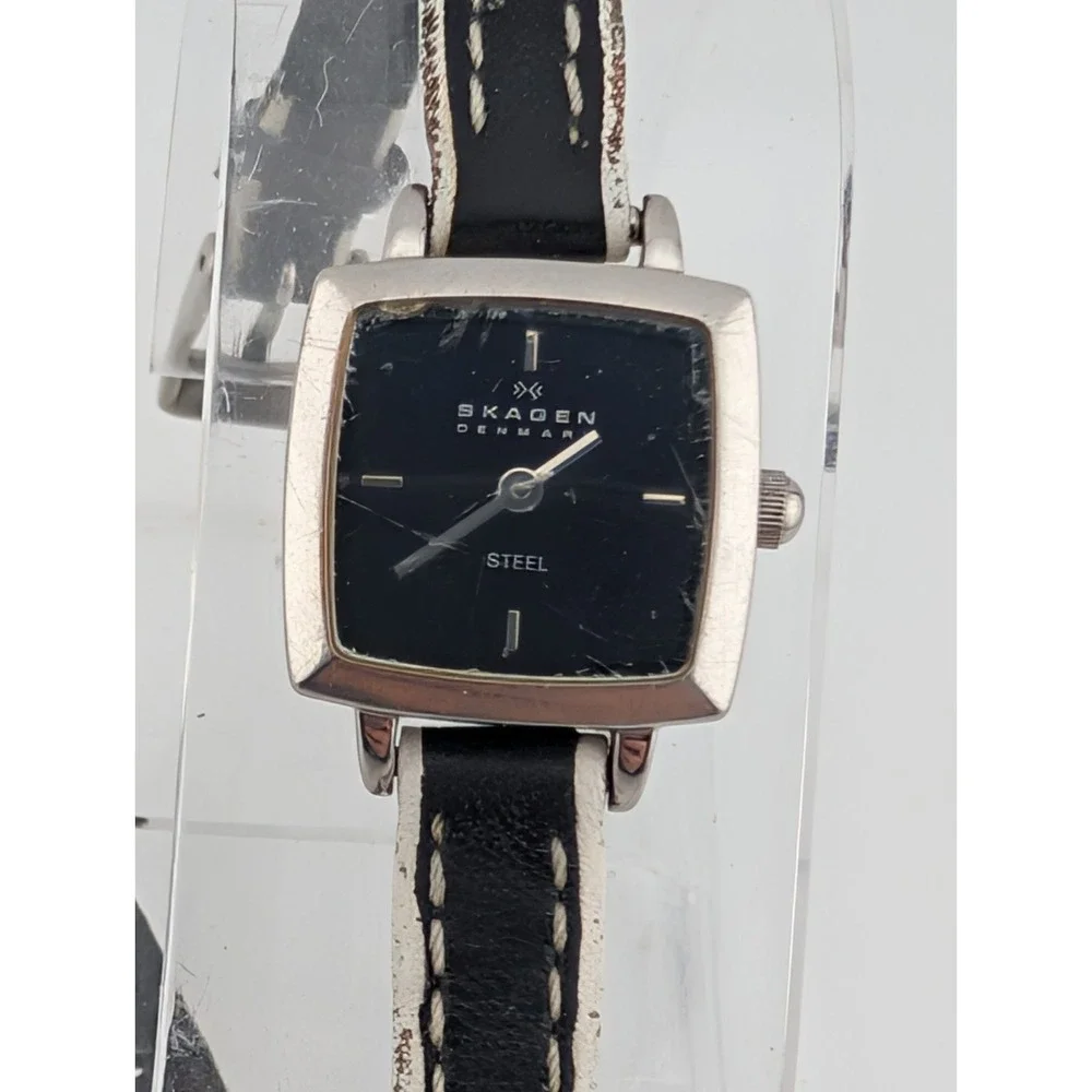 Skagen Steel Watch Women 17mm‎ Case Petite Black Leather Band- New Battery